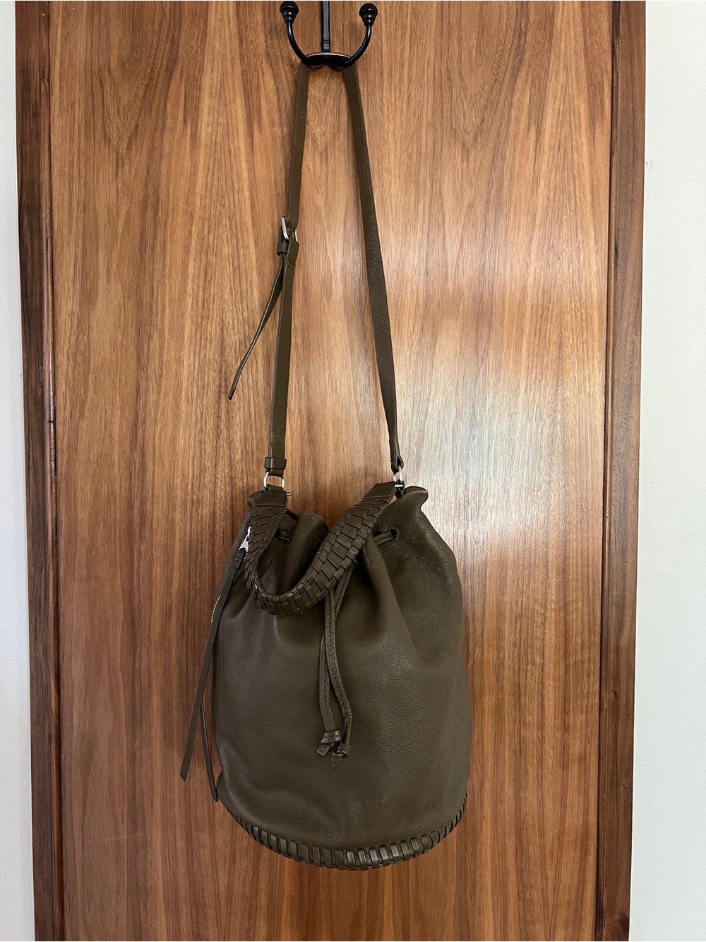 ALL SAINTS taupe grey leather bucket drawstring bag - woven strap detail